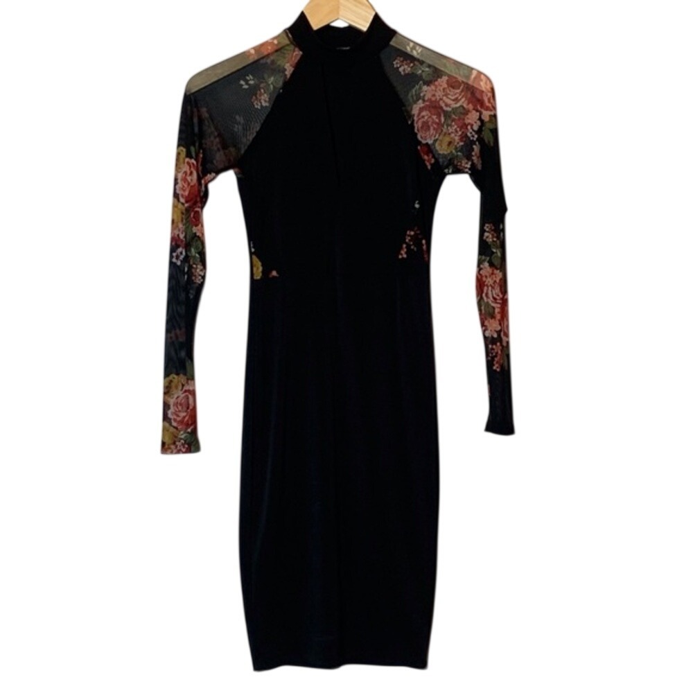 EUC French Atmosphere bodycon black dress with‎ floral mesh sleeves keyhole neck